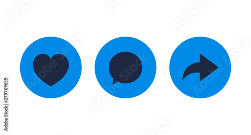 Like, comment and share icon set on a white background. Modern flat style vector illustration