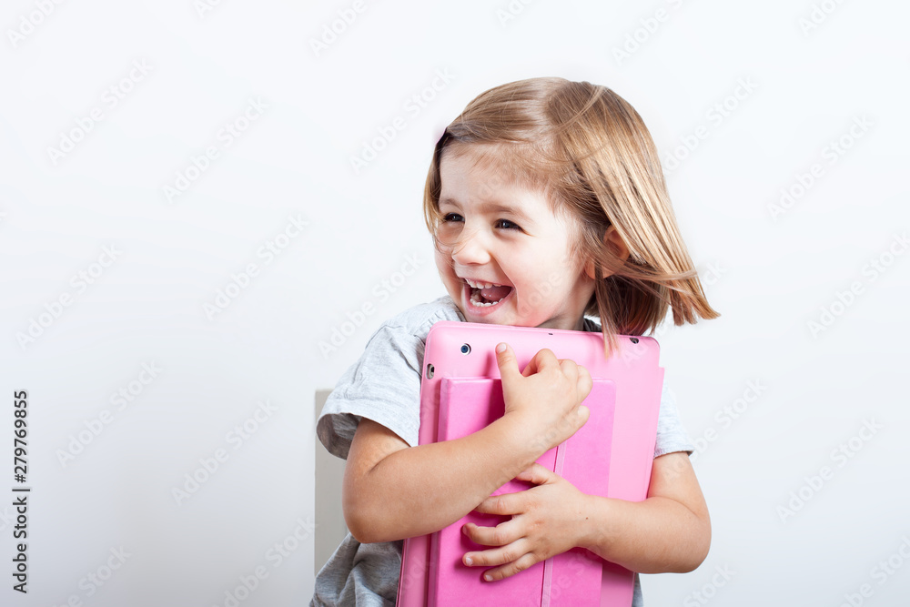 little girl with tablet and diary ready to school little girl with tablet and diary ready to school