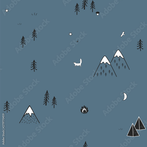 Cute hand drawn seamless pattern with camping tents, fire, trees, and mountains. Creative scandinavian woodland background. Forest. Vector illustration