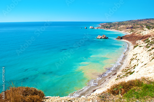 View from above on Petra tou Romiou sea stack © shinedawn