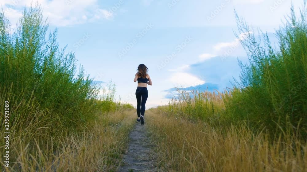 Fit Woman Jogging Exercising Running Cardio outdoor at summer field. Workout Female Runner. Fit Woman Jogging Exercising Running Cardio outdoor at summer field. Workout Female Runner.