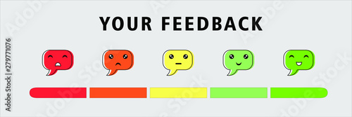 Feedback in emotions and talk form. Excellent, good, normal, bad awful Vector illustration. Rating satisfaction. 