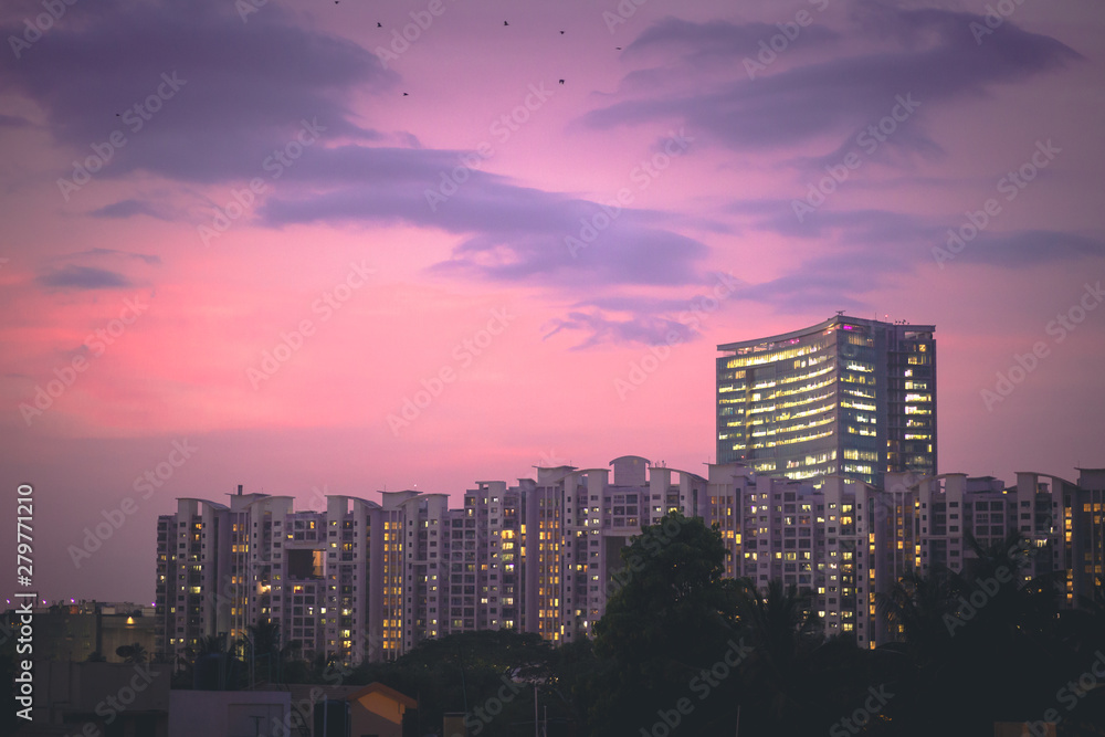 Fototapeta premium World trade center in Bangalore, Karnataka, India during a beautiful sunset in Monsoons. 