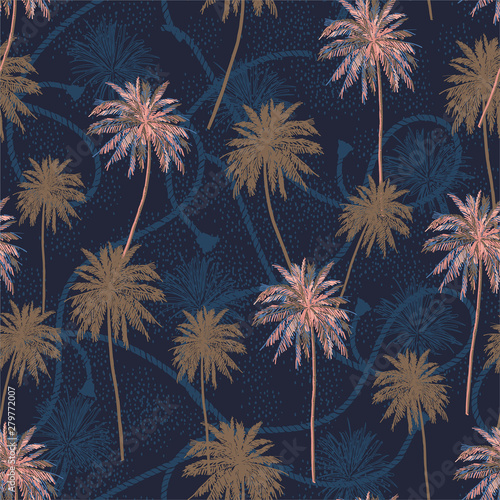 Beautiful Seamless pattern Tropical plam trees layer on sailor rope texture summer mood seamless pattern in vector design for fashion fabric web wallpaper and all prints