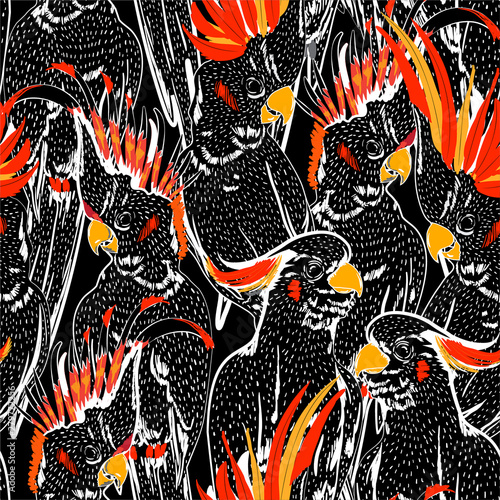 Stylish Doodle white line sketch cockatoo birds seamless pattern. Hand drawing mood. Vector art illustration.Design for fashion ,fabric,web,wallpaper and all prints