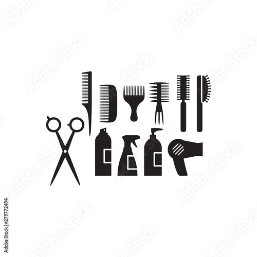 Hairdressing equipment black silhouette vector icon set. Scissors, comb, hair brush, hair dryer glyph icons.