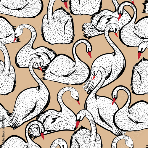 Seamless pattern in vector of hand drawn doodle line sketch white swan birds s , Design for fashion , fabric, web,wallpaper and all prints
