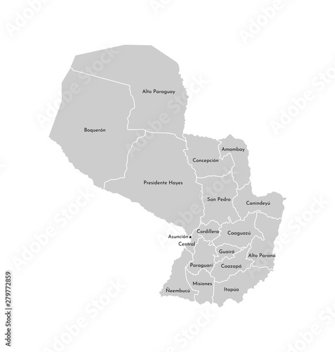 Vector isolated illustration of simplified administrative map of Paraguay. Borders and names of the departments(regions). Grey silhouettes. White outline photo