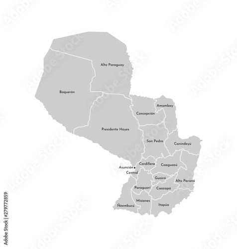 Vector isolated illustration of simplified administrative map of Paraguay. Borders and names of the departments(regions). Grey silhouettes. White outline