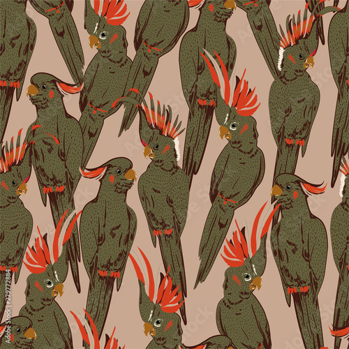 Stylish retro mood hand sketch doodle of yellow cockatoo parrot birds  seamless pattern in vector design for fashion, fabric, web, wallpaper, and all prints