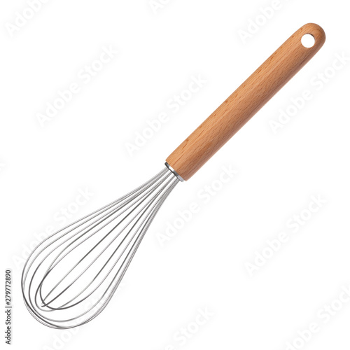 Clean new steel whisk isolated on white background. Cooking egg beater mixer whisker with wooden handle. photo