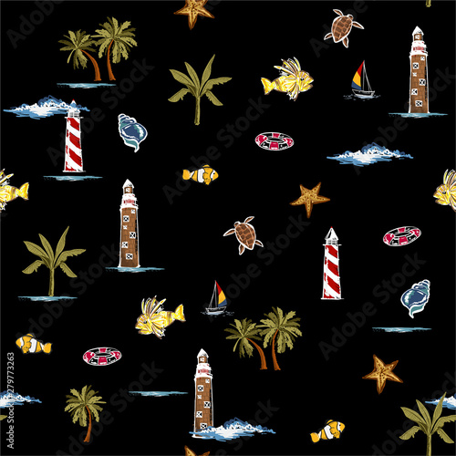 Trendy Vector is seamless and repeatable. Tropical summer elements print Wallpaper with nature beach island mood on summer night background,