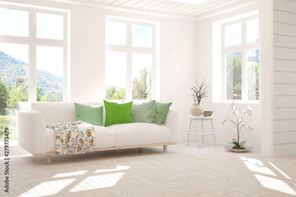 Stylish room in white color with sofa and summer landscape in window. Scandinavian interior design. 3D illustration Stylish room in white color with sofa and summer landscape in window. Scandinavian interior design. 3D illustration
