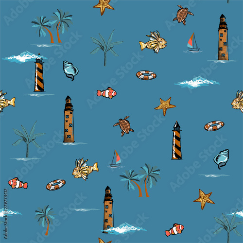 Stylish Vector is seamless and repeatable. Tropical summer elements print Wallpaper with nature beach island mood on summer blue background,