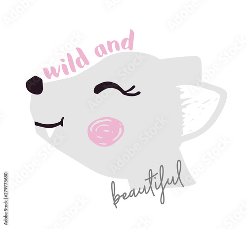 Wolf baby girl face cute print. Sweet she-wolf head with wild and beautiful slogan