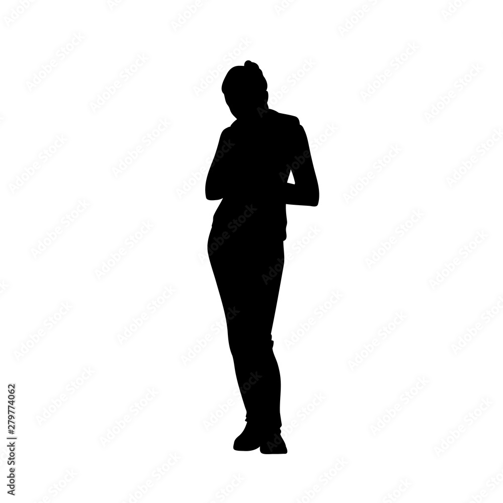Sporty woman standing bending head forward. Front view. Black silhouette isolated on white background. Side view. Monochrome vector illustration of silhouette of girl in hoodie. Concept.
