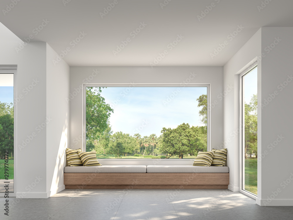 Modern living room with garden view  3d render,There are white wall,concrete tile floor,Decorate with wood and fabric seat,There are large windows looking to big garden. - obrazy, fototapety, plakaty 