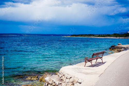 Coastal panorama with bench seen from Lun  Croatia