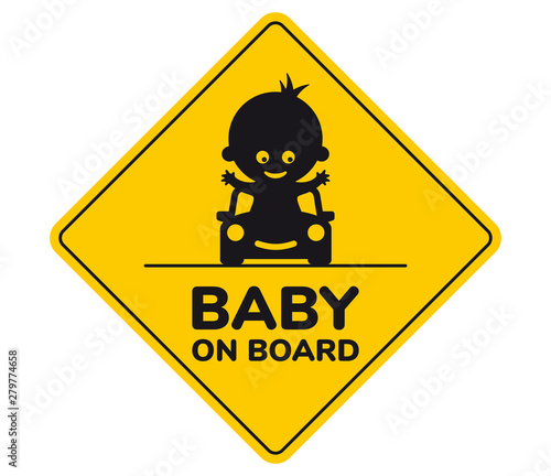 Yellow sign little boy in car with inscription Girl on board. Isolated on white background