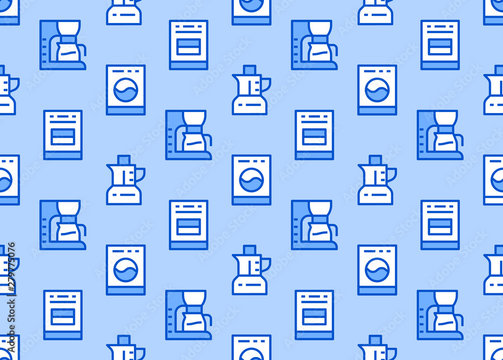 Household Appliances, Electronics Store Seamless Pattern with Line Icon. Vector Illustration Flat style. Included Icons as Stove, Coffee Maker, Washer, Blender. Blue White Color Background Household Appliances, Electronics Store Seamless Pattern with Line Icon. Vector Illustration Flat style. Included Icons as Stove, Coffee Maker, Washer, Blender. Blue White Color Background
