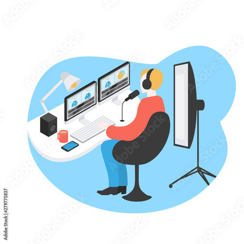 Movie editing and sound production. Freelance filmmaker and videographer. Video editor. Man creates media content for blog.