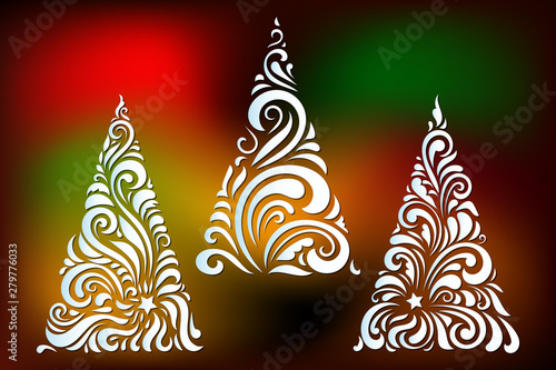 Laser cut Christmas tree templates set with swirls pattern. Element for Xmas decoration. Image suitable for laser cutting, plotter cutting or printing.