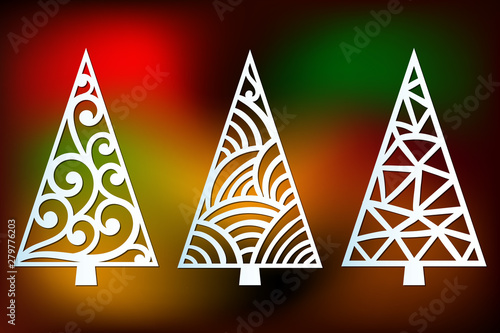 Laser cut Christmas tree templates set with pattern. Element for Xmas decoration. Image suitable for laser cutting, plotter cutting or printing.