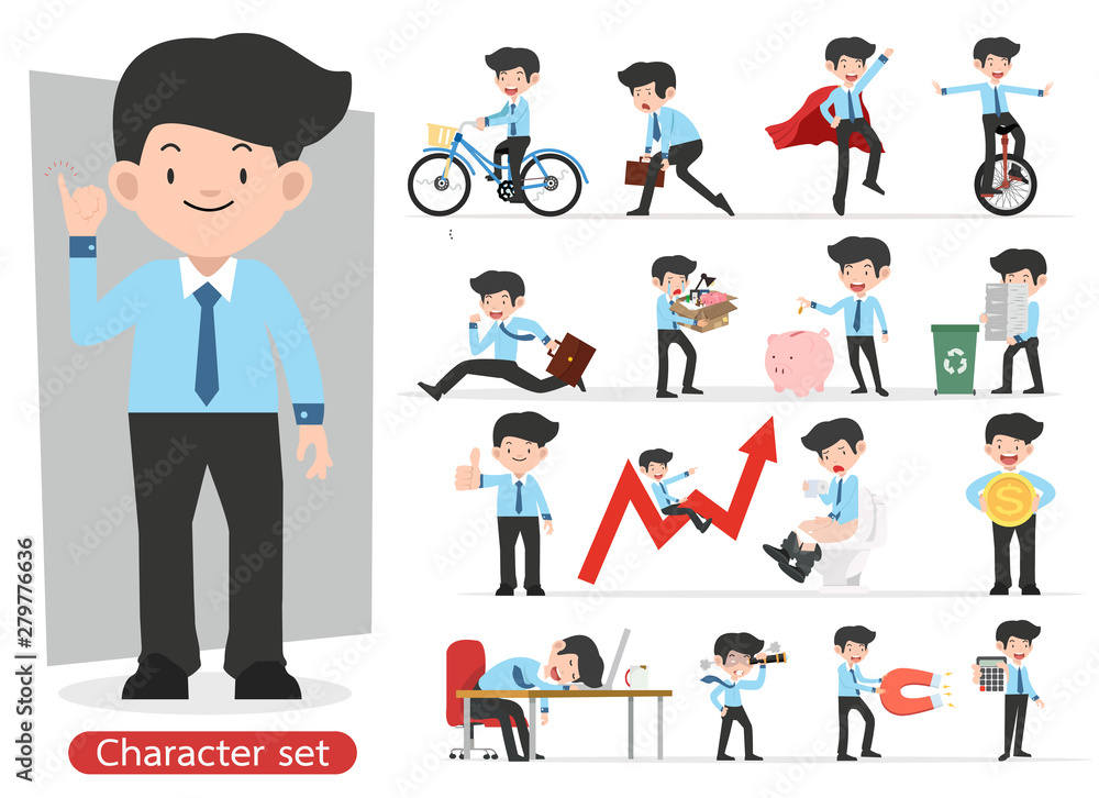 Businessman cartoon character design with different poses set