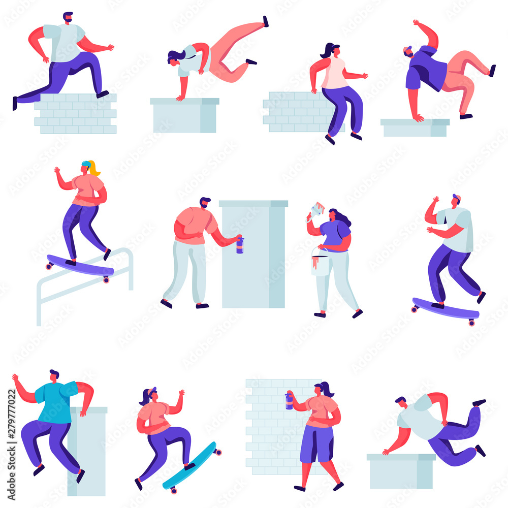 Set of Flat Teenagers Making Parkour Tricks Characters. Cartoon Young Men Jumping Over Walls and Barriers, Urban Culture, Active Lifestyle, Sport Outdoors. Vector Illustration.