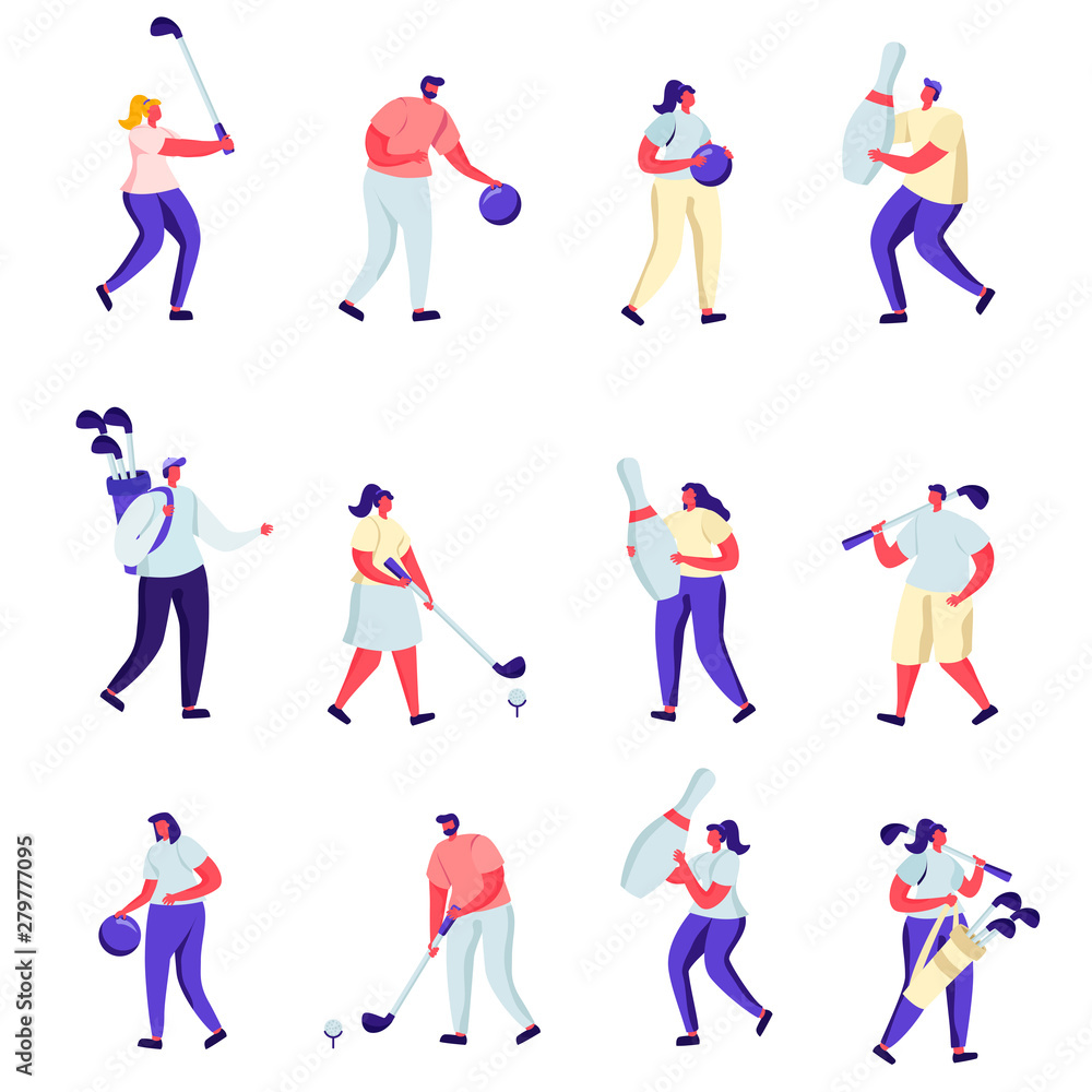 Set of Flat People Playing Golf and Bowling Characters. Cartoon Summertime Outdoors and Indoors Fun Activity, Healthy Lifestyle. Vector Illustration.