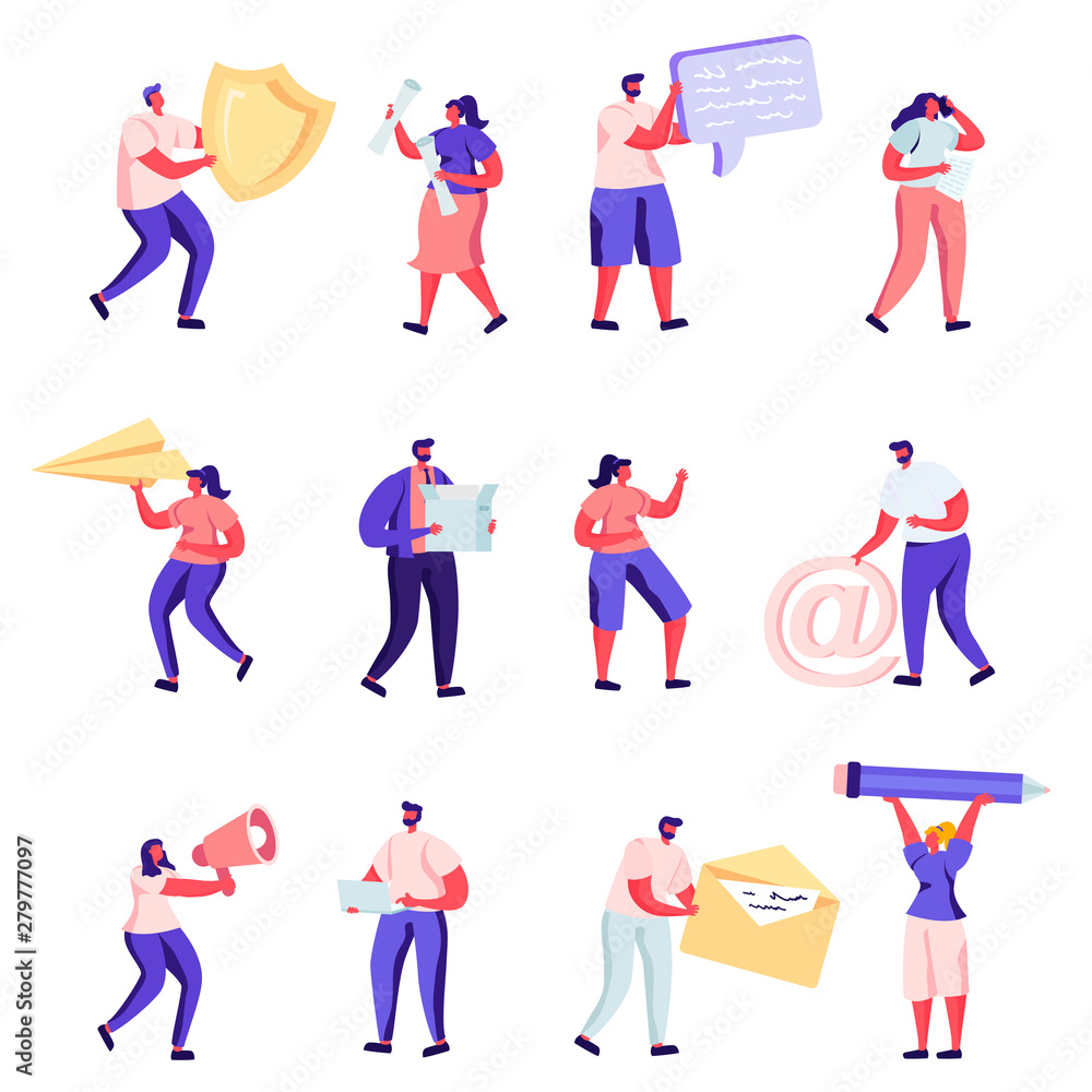 Set of Flat Property, Health Medical, Pr, Social Media Networking Service Characters. Cartoon Holding Shield, Umbrella, Paper Airplane, Photo and Envelope. Vector Illustration.