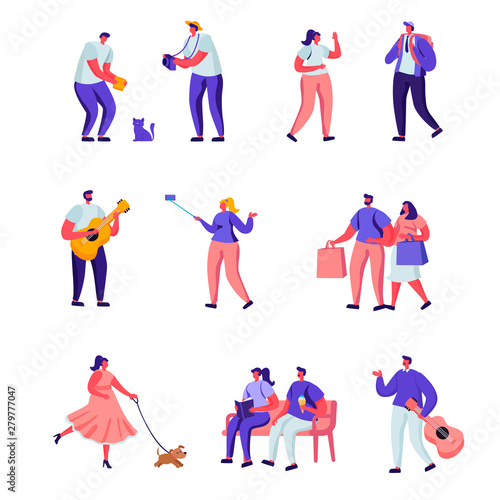 Set of Flat Street Musicians and Pedestrians Characters. Cartoon Guitarist and Saxophonist Playing Music, People Watch Concert, Put Money in Hat. Vector Illustration.