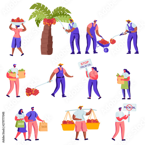 Set of Flat Protesting Against Palm Oil Manufacture Producing Characters. Cartoon Protesters with Banners, Workers Collect Fruits, Reusable Packaging. Vector Illustration.