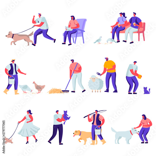 Set of Flat Pets and Domestic Animals Characters. Cartoon Feed Cattle, Farming Job, Shearing Sheep, Prepare Hay for Livestock. Vector Illustration.