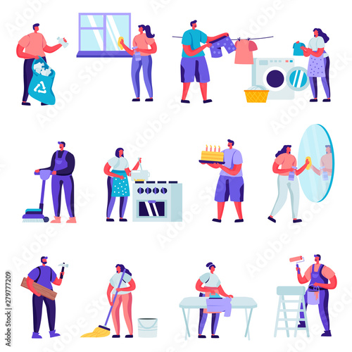 Set of Flat Householders Characters Cleaning Home Characters. Cartoon People Everyday Routine, Specialists Fixing Technics Service. Vector Illustration.