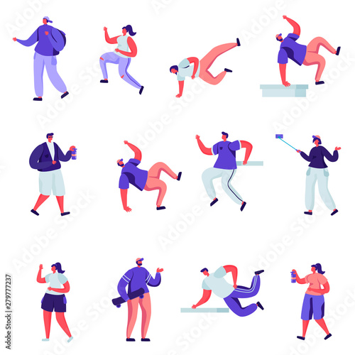 Set of Flat Parkour and Graffiti Characters. Cartoon Men Jumping Over Barriers, Street Artist Teenagers Paint Graffiti on Walls. Vector Illustration.