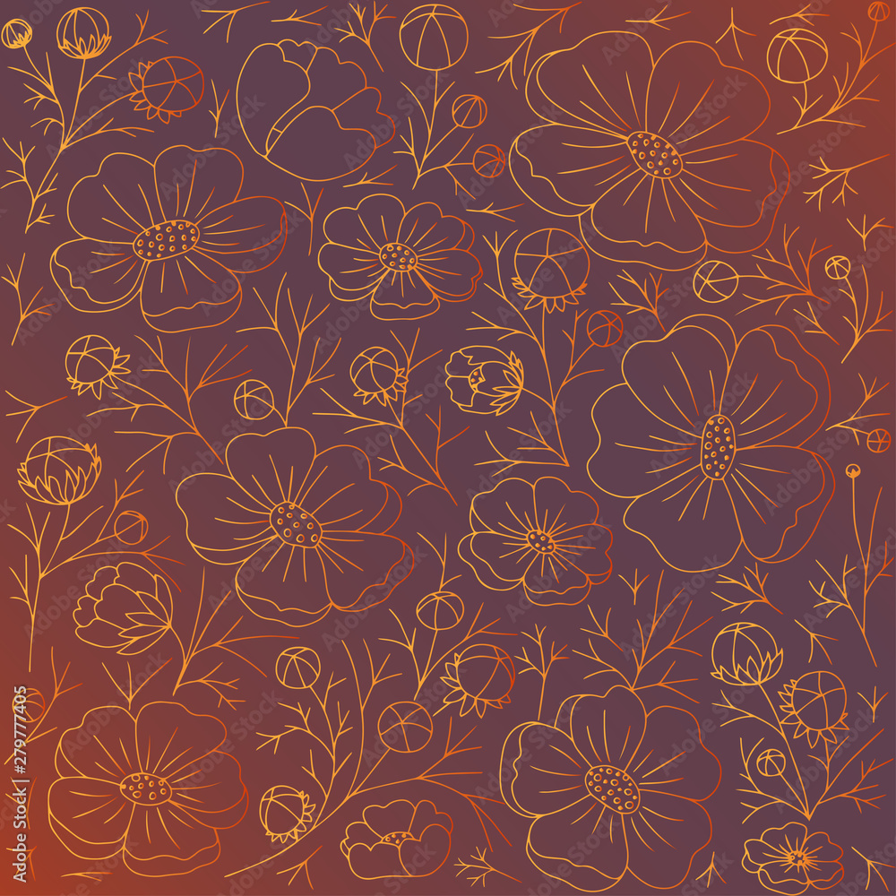 Flower texture. Contour image of buds, flowers, stems and leaves. The contour is made of a gold gradient. Background dark gradient. Vector illustration. Flower texture. Contour image of buds, flowers, stems and leaves. The contour is made of a gold gradient. Background dark gradient. Vector illustration.