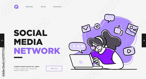 Presentation slide template or landing page website design. Business concept illustrations. Modern flat outline style. Online media