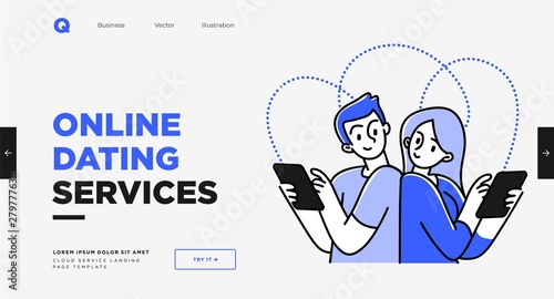 Presentation slide template or landing page website design. Business concept illustrations. Modern flat outline style. Online dating and social networking, virtual relationships concept