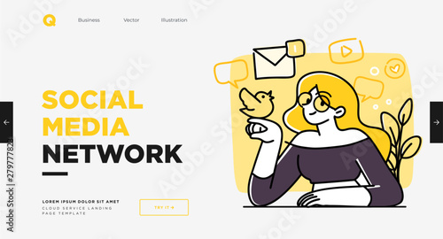 Presentation slide template or landing page website design. Business concept illustrations. Modern flat outline style. Online media