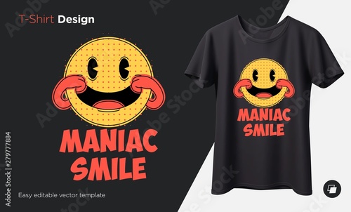 Maniac smile. Prints on T-shirts, sweatshirts, cases for mobile phones, souvenirs. Isolated vector illustration on black background.