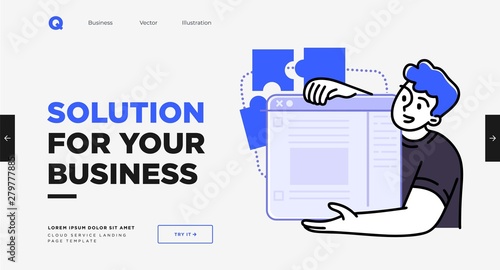 Presentation slide template or landing page website design. Business concept illustrations. Modern flat outline style. Research innovations and solutions