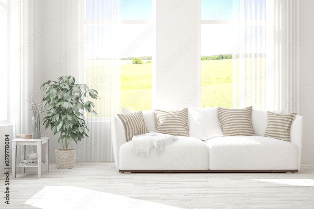 Stylish room in white color with sofa and summer landscape in window. Scandinavian interior design. 3D illustration Stylish room in white color with sofa and summer landscape in window. Scandinavian interior design. 3D illustration