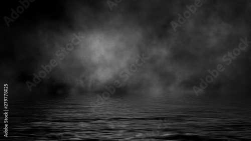 Mistery coastal fog . Smoke on the shore . Water reflection. Design element