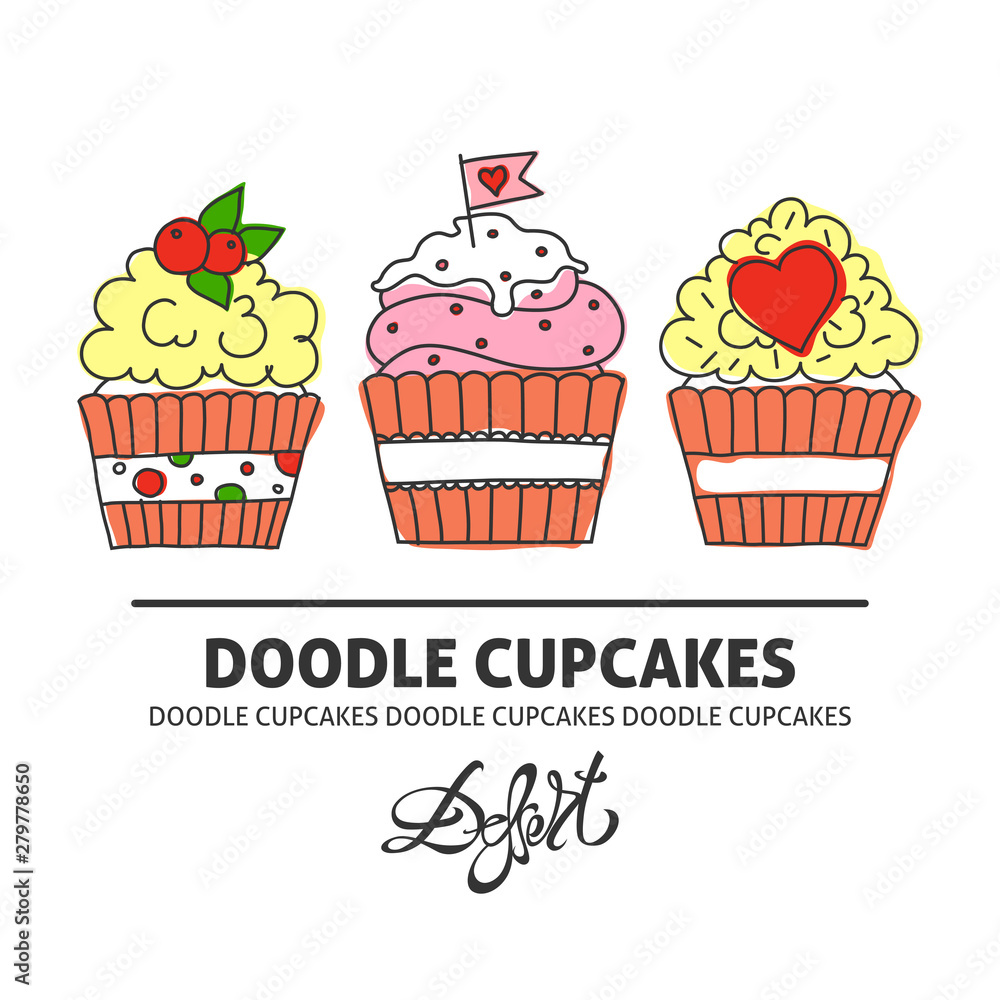 A vector template with doodle cupcakes and a Dessert lettering. Freehand outline food vector desing for a flyer or a poster. A vector template with doodle cupcakes and a Dessert lettering. Freehand outline food vector desing for a flyer or a poster.