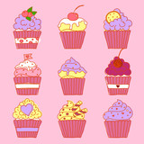 A set of vector doodle images of cupcakes. Freehand outline food vectors.