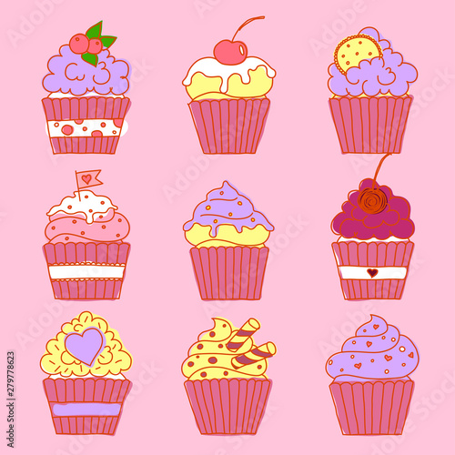 A set of vector doodle images of cupcakes. Freehand outline food vectors.