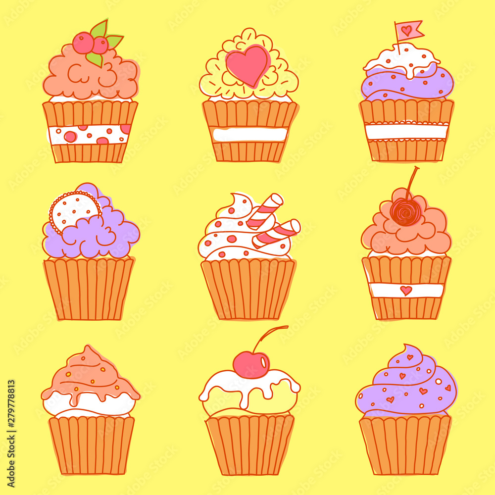 A set of vector doodle images of cupcakes. Freehand outline food vectors. A set of vector doodle images of cupcakes. Freehand outline food vectors.