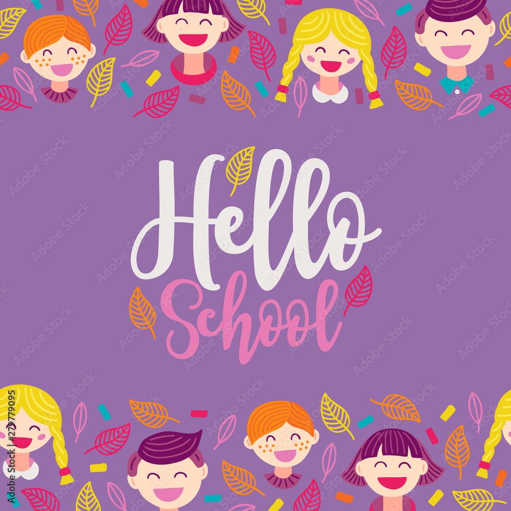 School greeting card with seamless border - leaves, pupil, boy, girl