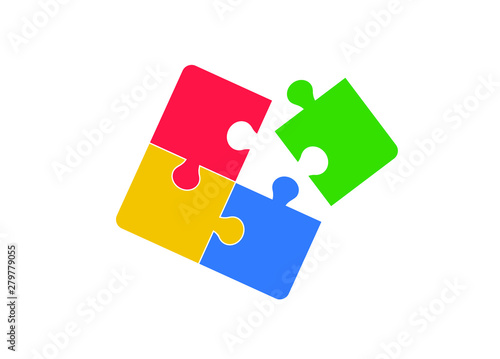 Four puzzle pieces are combined. Business, construction, team, merger, game.